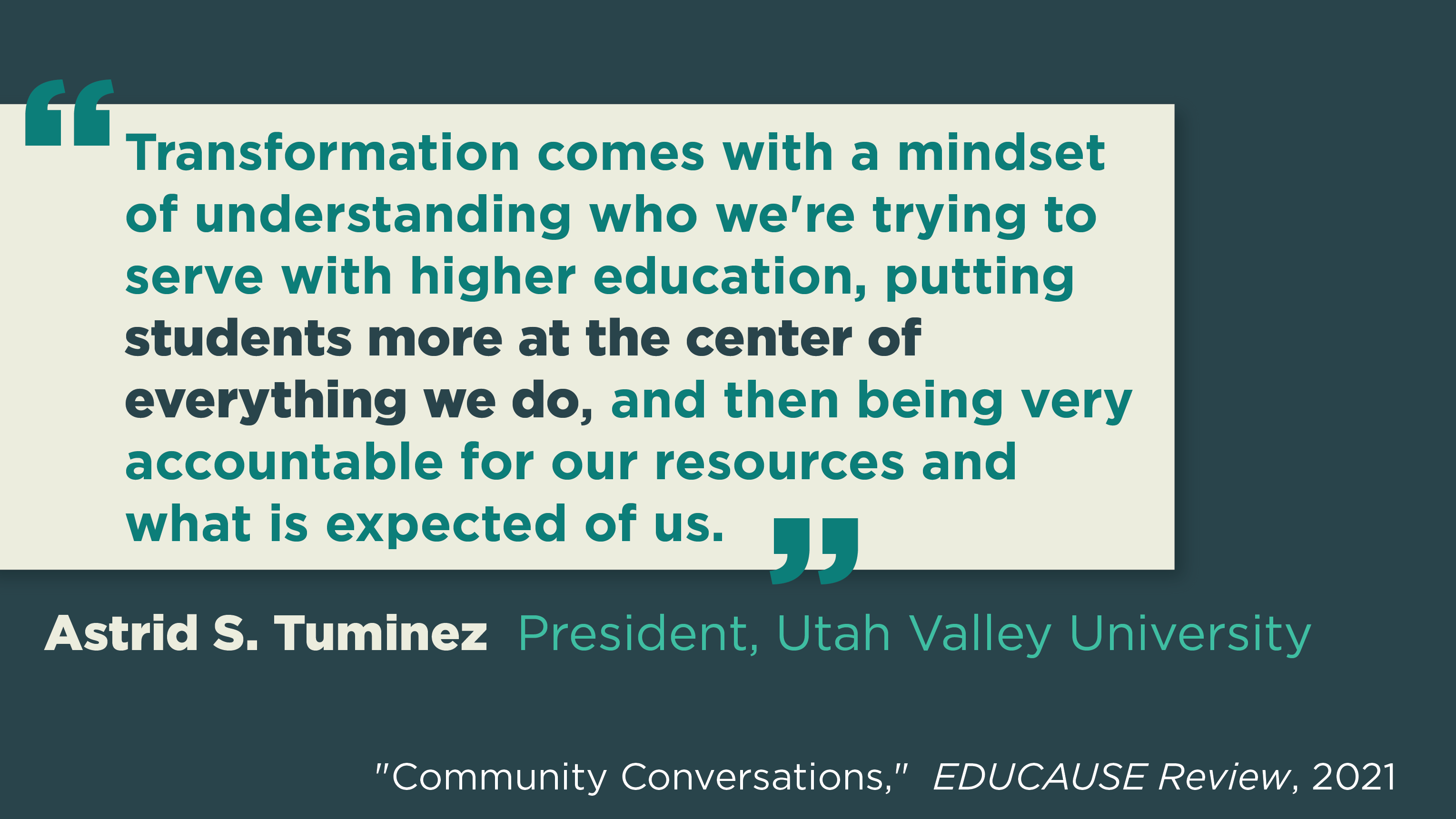 “转型需要一种心态，即理解我们试图通过高等教育为谁服务，把学生更多地放在我们所做的一切的中心，然后对我们的资源和对我们的期望非常负责。”Astrid S. Tuminez，犹他谷大学校长。“万博体育全站官网社区对话”，《EDUCAUSE评论》，2021年。万博官方手机版登录